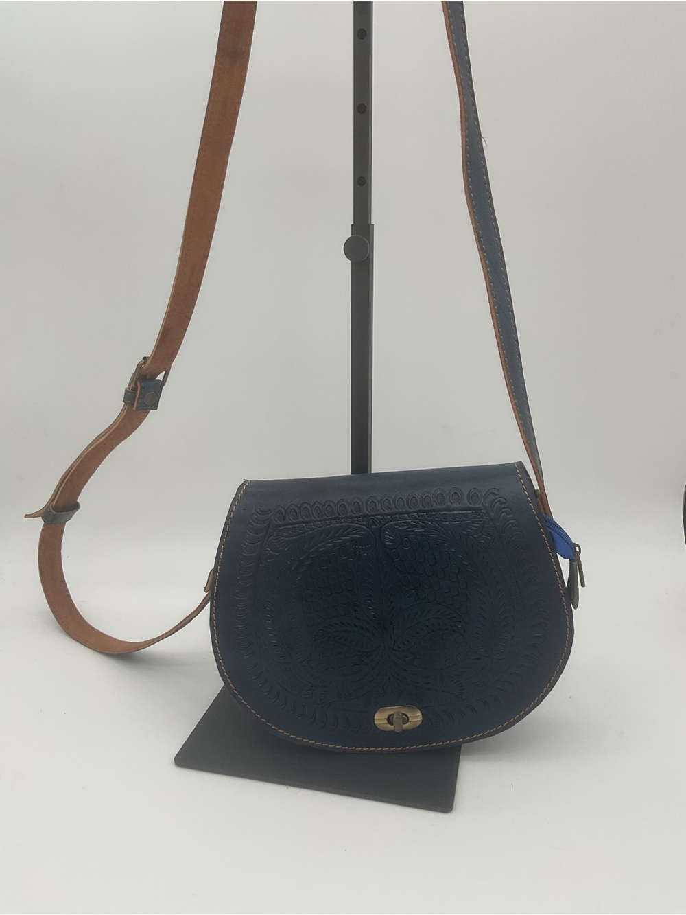 Berber Embellished Navy Blue Leather Crossbody/Saddle Bag with Adjustable Strap